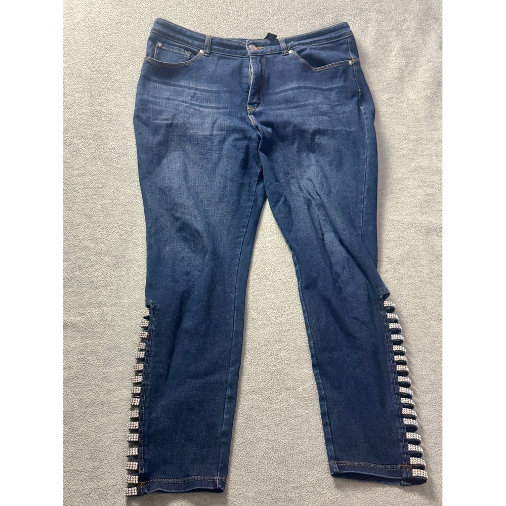 NYGARD SLIMS Womens Dark Wash Rhinestone Ladder Cutout Skinny Jeans Blue 18